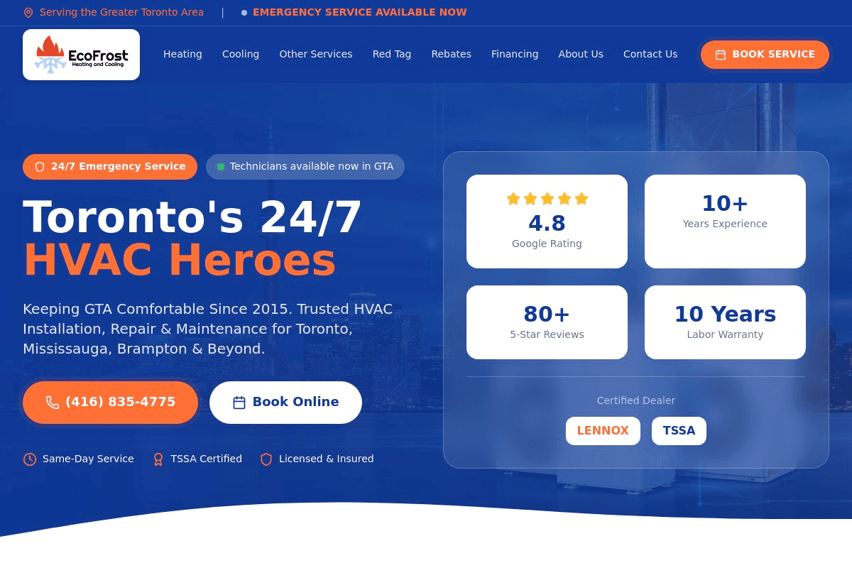 Ecofrost Heating & Cooling website - Toronto's 24/7 HVAC Heroes with (416) 835-4775